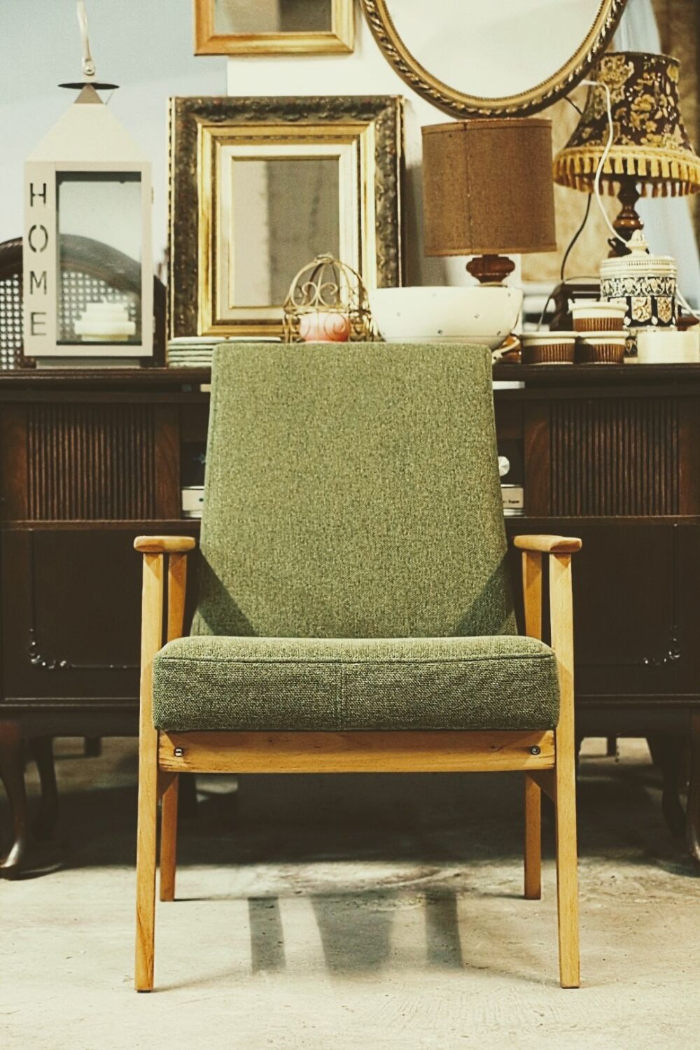 Vintage wood armchair boho green leaf oryginal from Mid century modern 1970 light wood chair salon