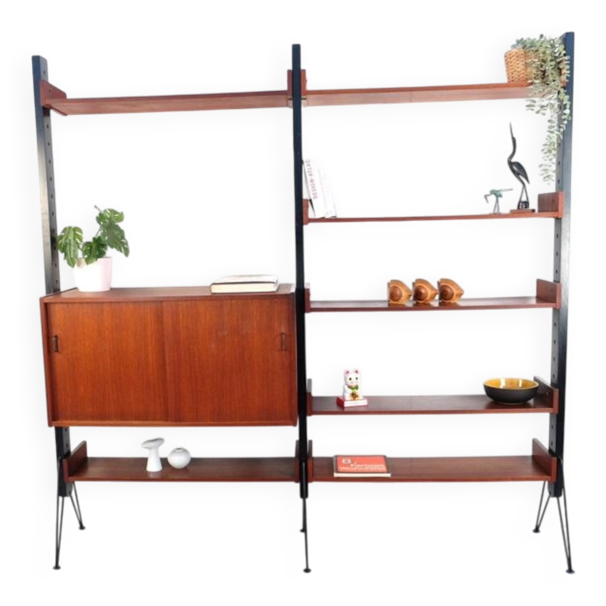 Vintage teak shelving system in 60s-70s style, retro style.