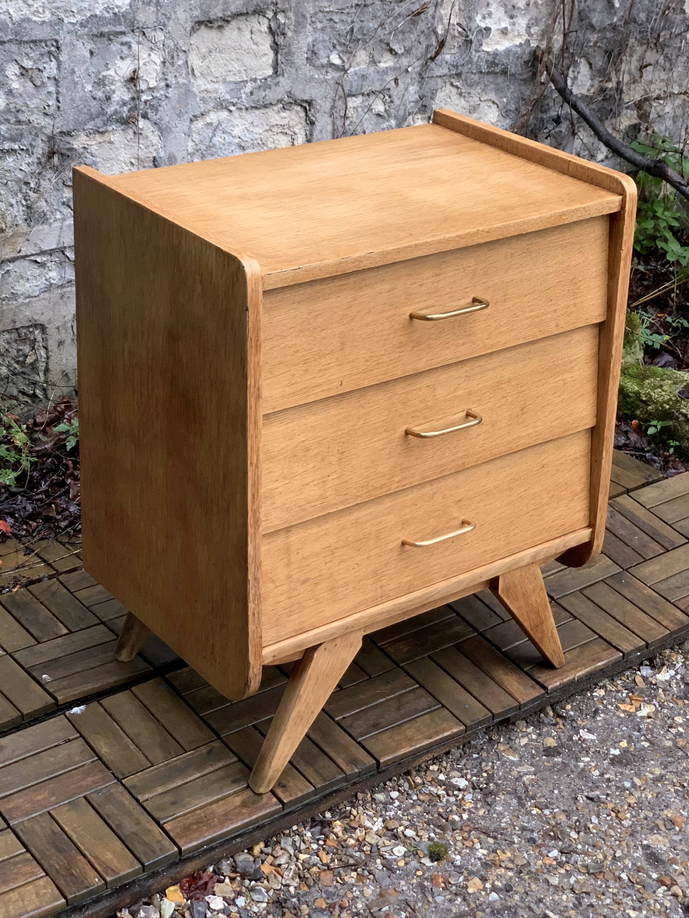 Vintage chest of drawers with compass feet, raw oak, 1960
