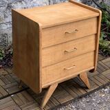 Vintage chest of drawers with compass feet, raw oak, 1960
