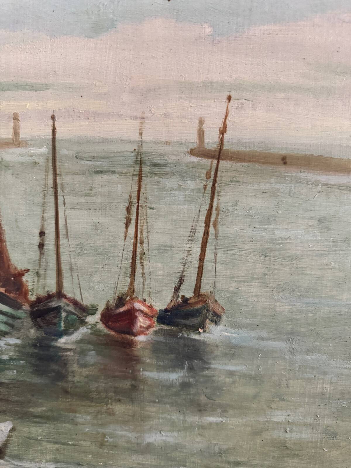 Oil on panel 20th century fishing boats by Jean Bernard Saint-Nazaire