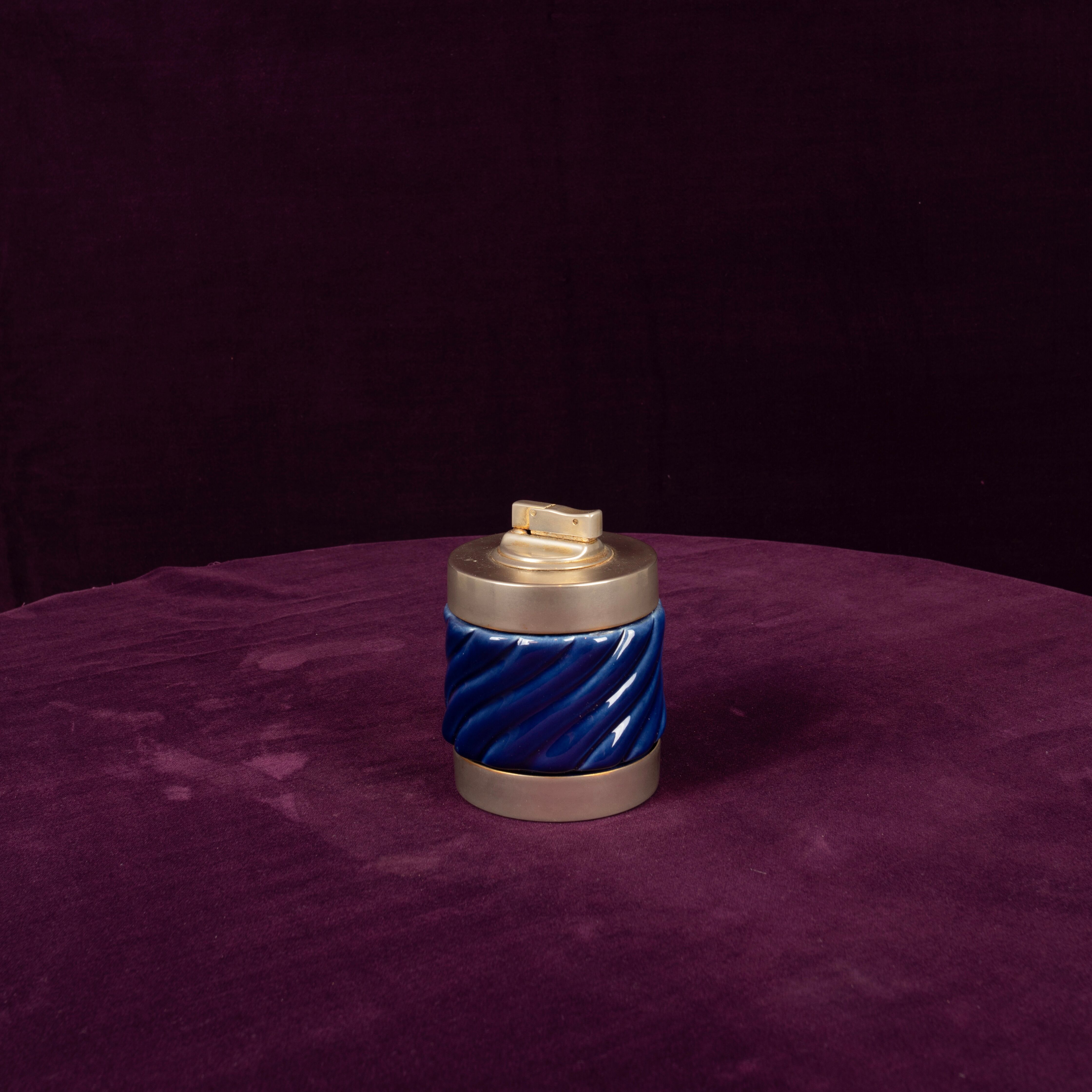 Tommaso Barbi Blue Glazed Ceramic and Brass-Toned Metal Table Lighter, 1970