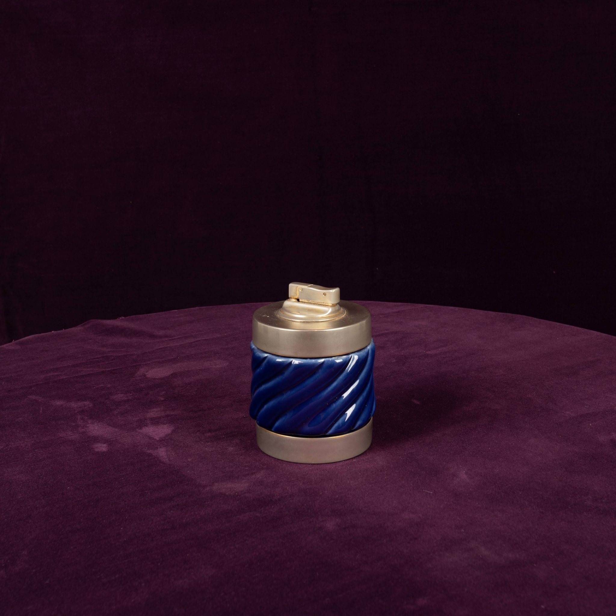 Tommaso Barbi Blue Glazed Ceramic and Brass-Toned Metal Table Lighter, 1970