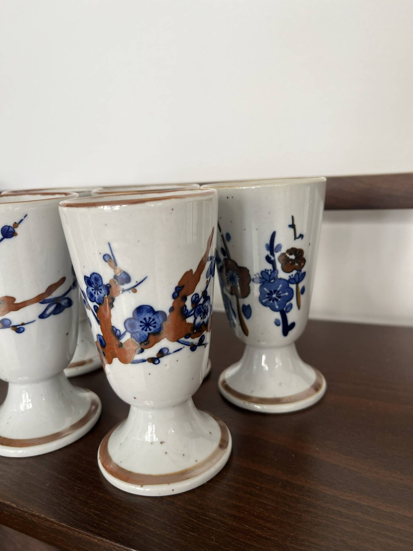 Set of 5 blue stoneware mazagrans "cherry blossom".