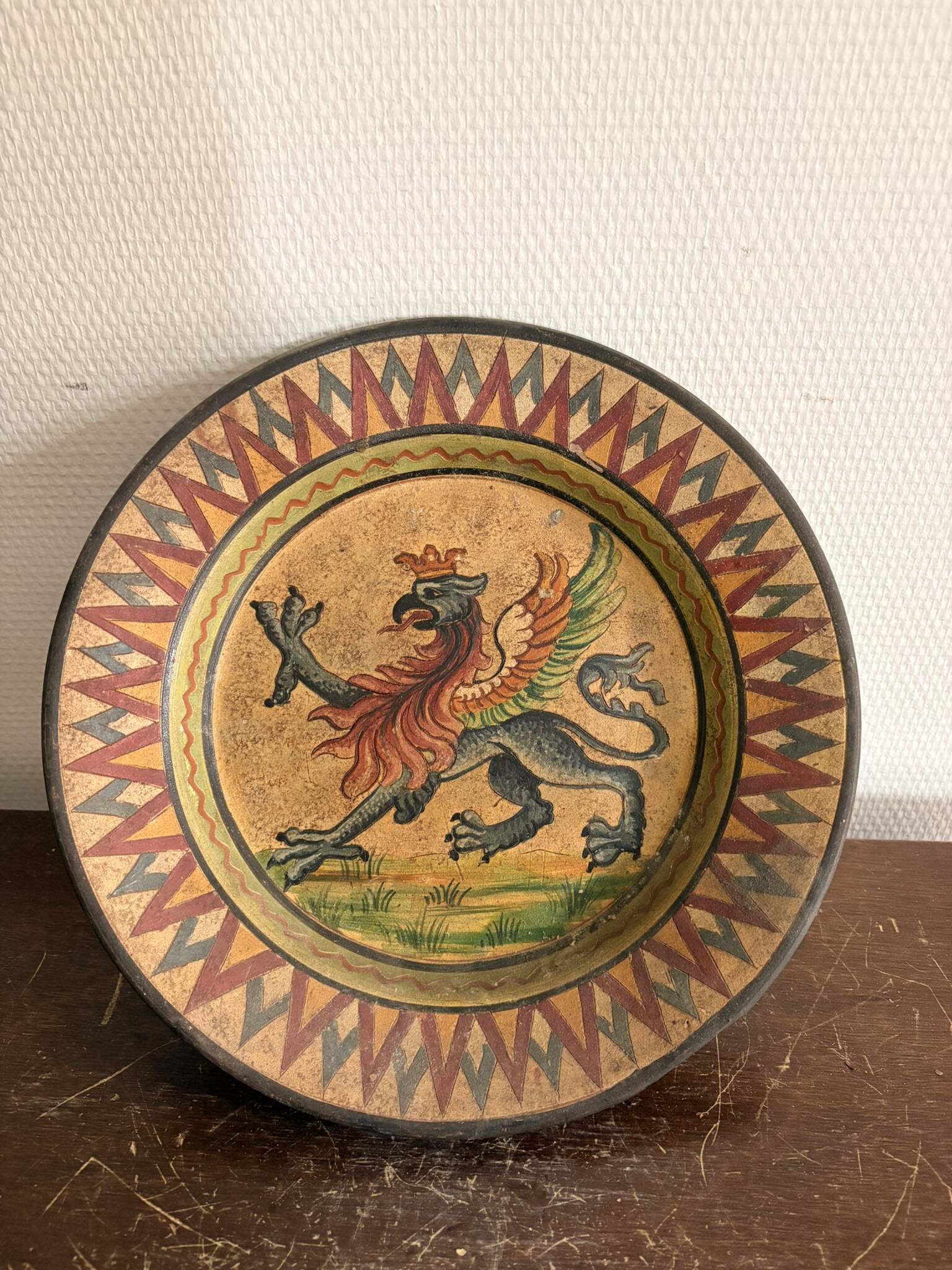 Mural Plate Montopoli Arno Italy 1930 Crowned Griffin Tuscan Majolica
