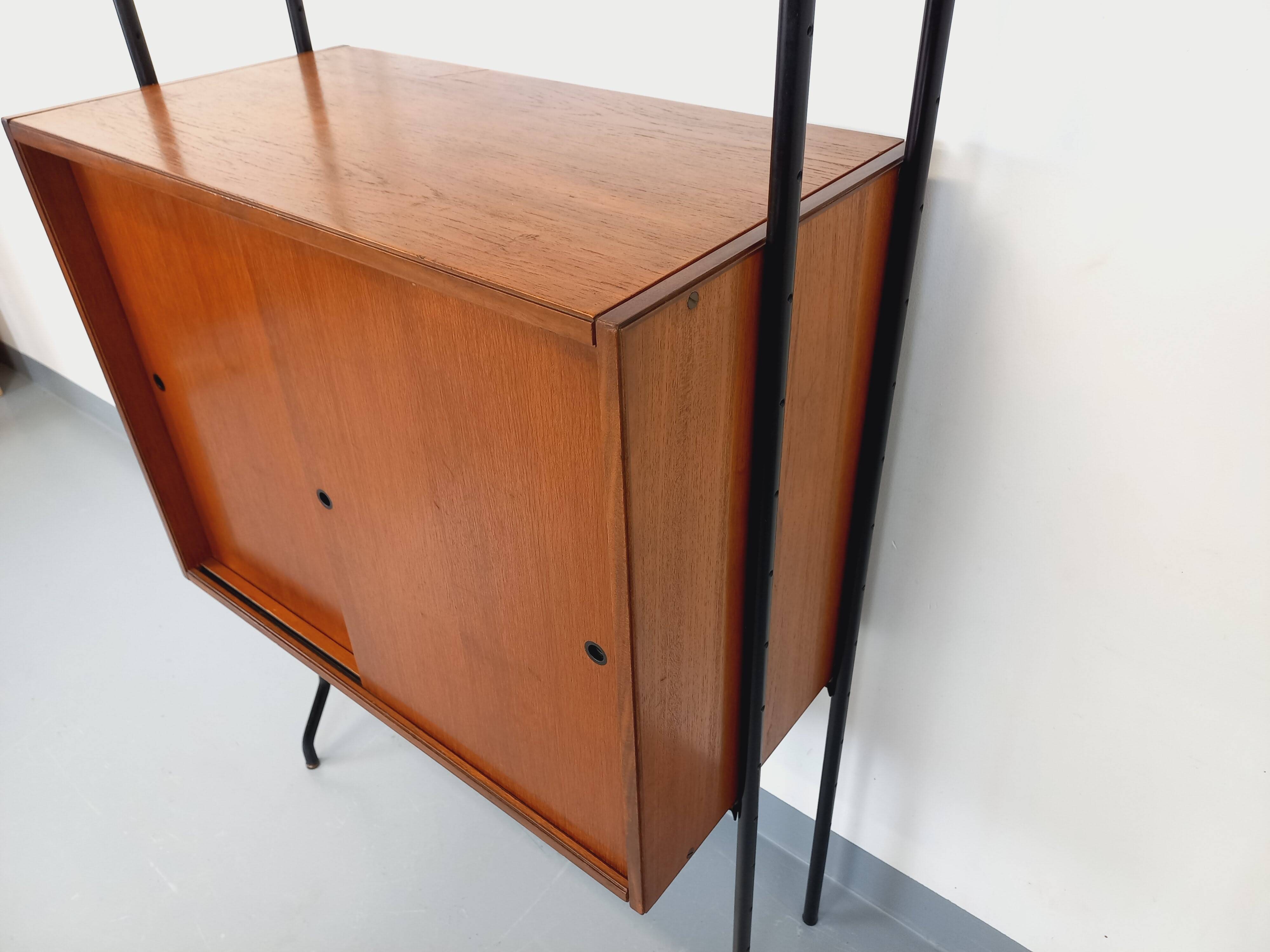 Vintage Italian modular shelving unit in teak and metal from the 1970s