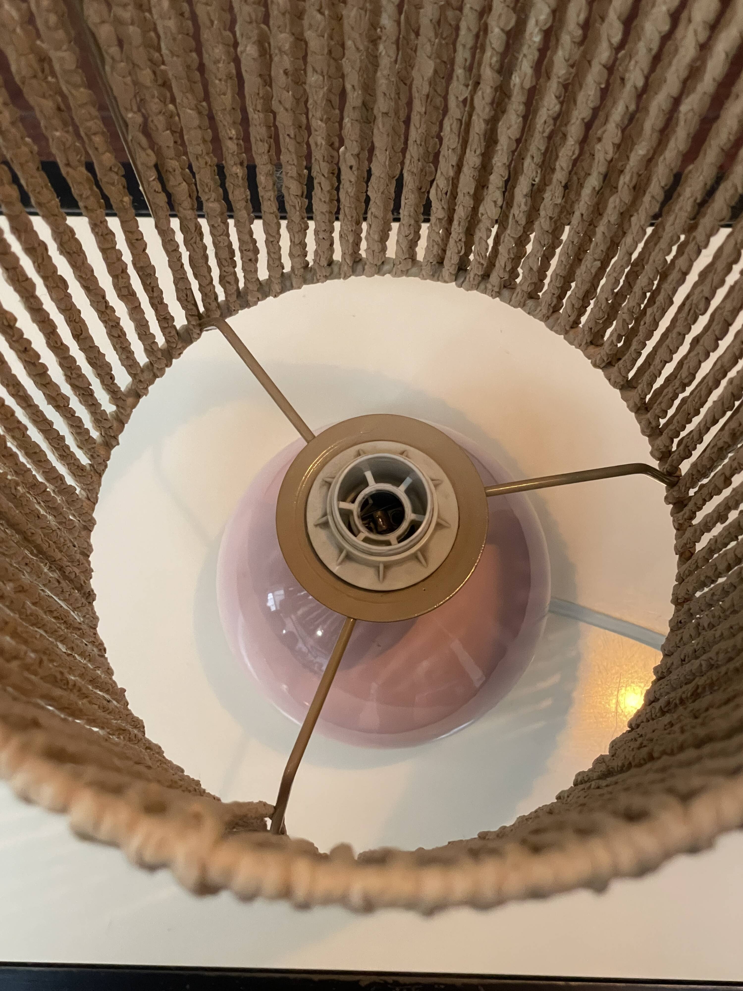 Pink Ceramic Ball Lamp - Hemp Shade - Vintage - 1980s