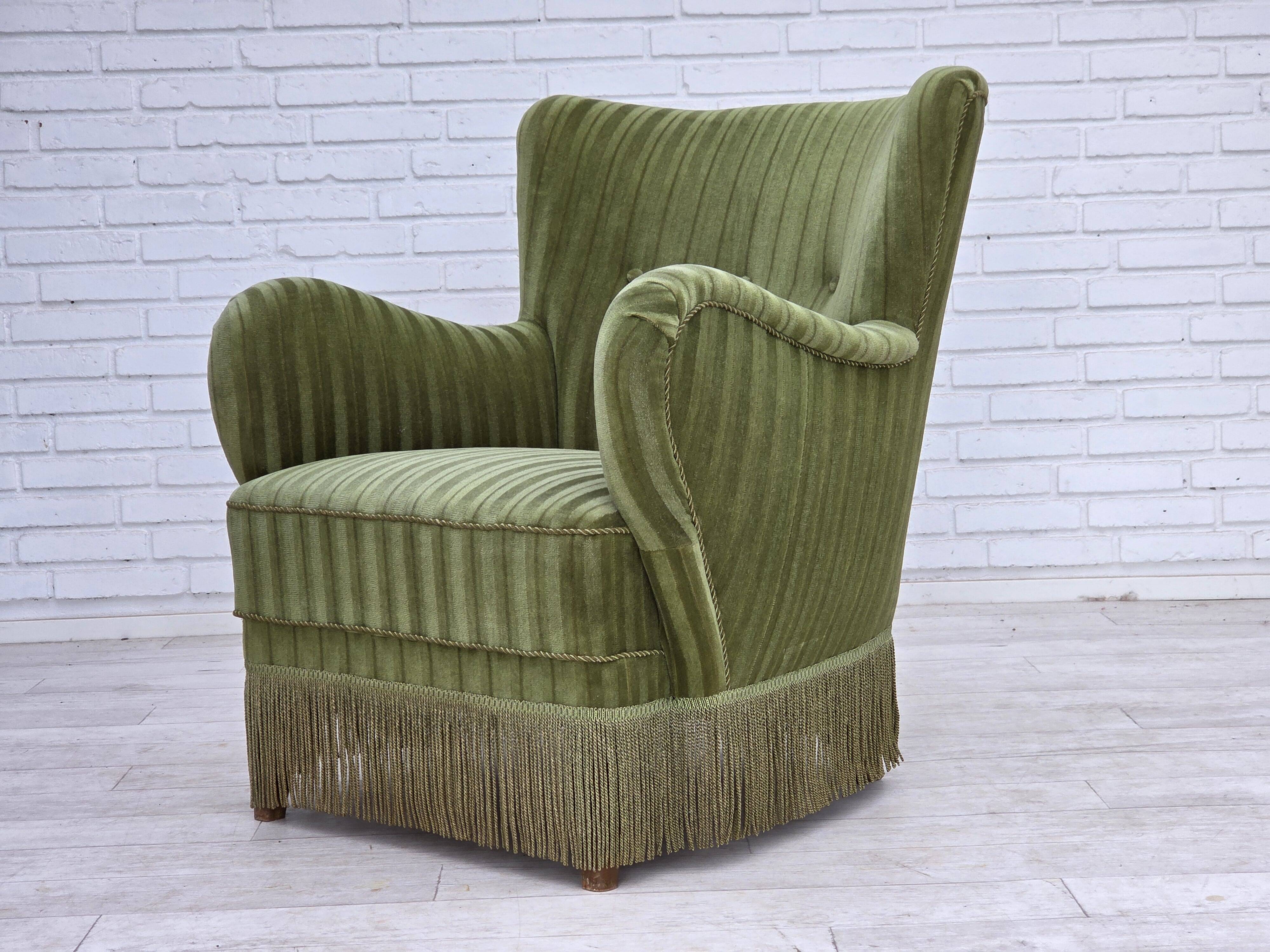 1960s, Danish armchair, original green furniture velour.