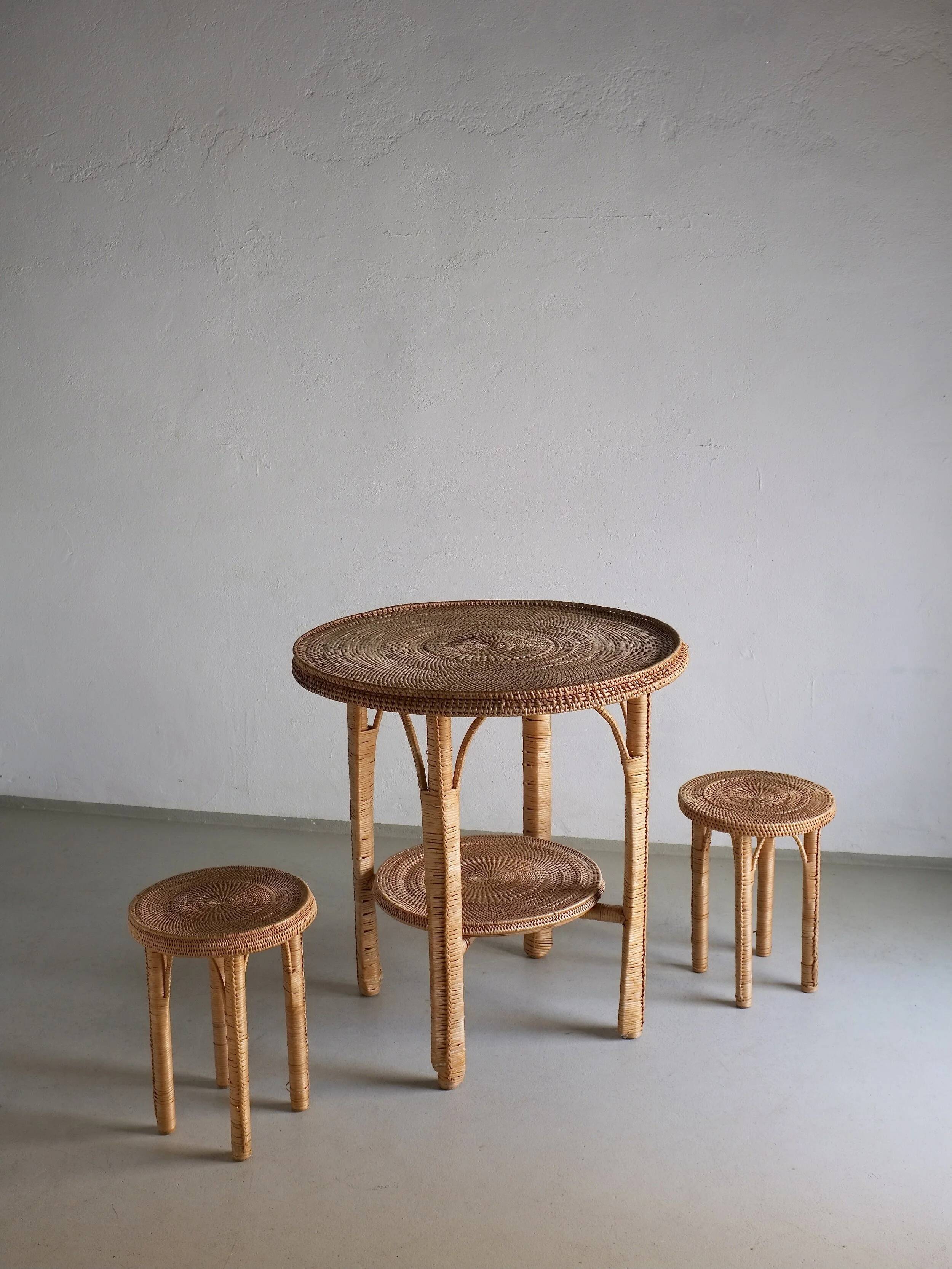 Vintage woven wicker table set | 1980s