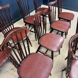 Set of 13 Tacoma Baumann bistro chairs in dark wood and brown leatherette from the 50s