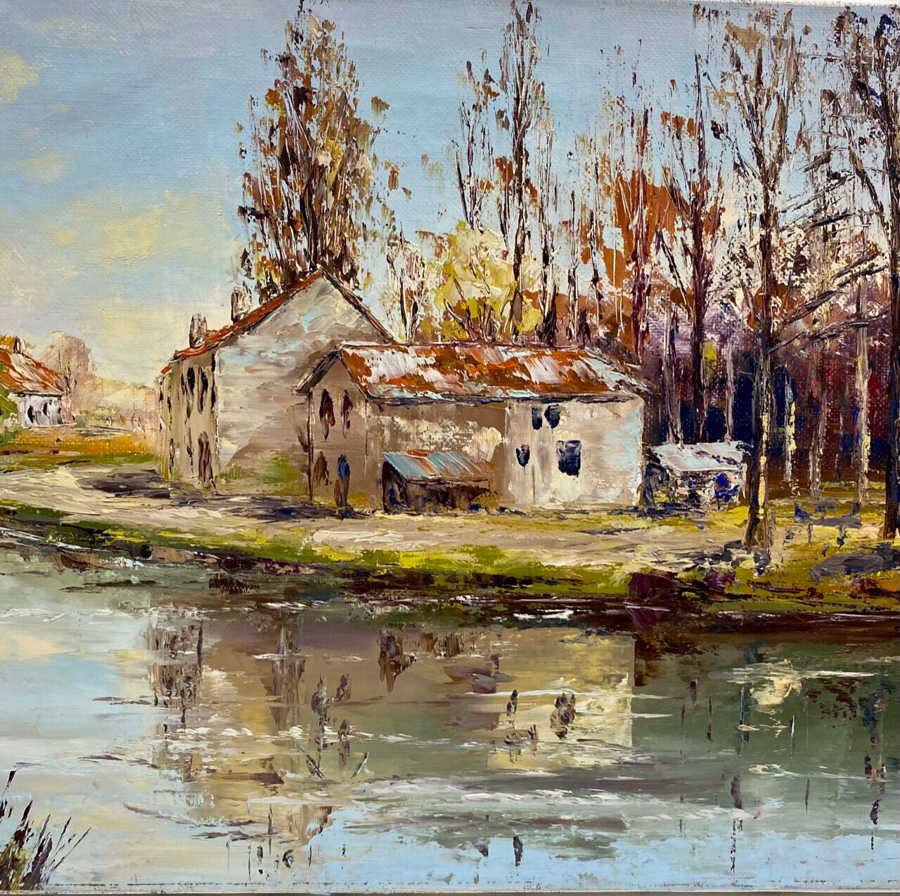 Old painting, landscape with the river signed J Micault dated 1985