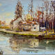 Old painting, landscape with the river signed J Micault dated 1985