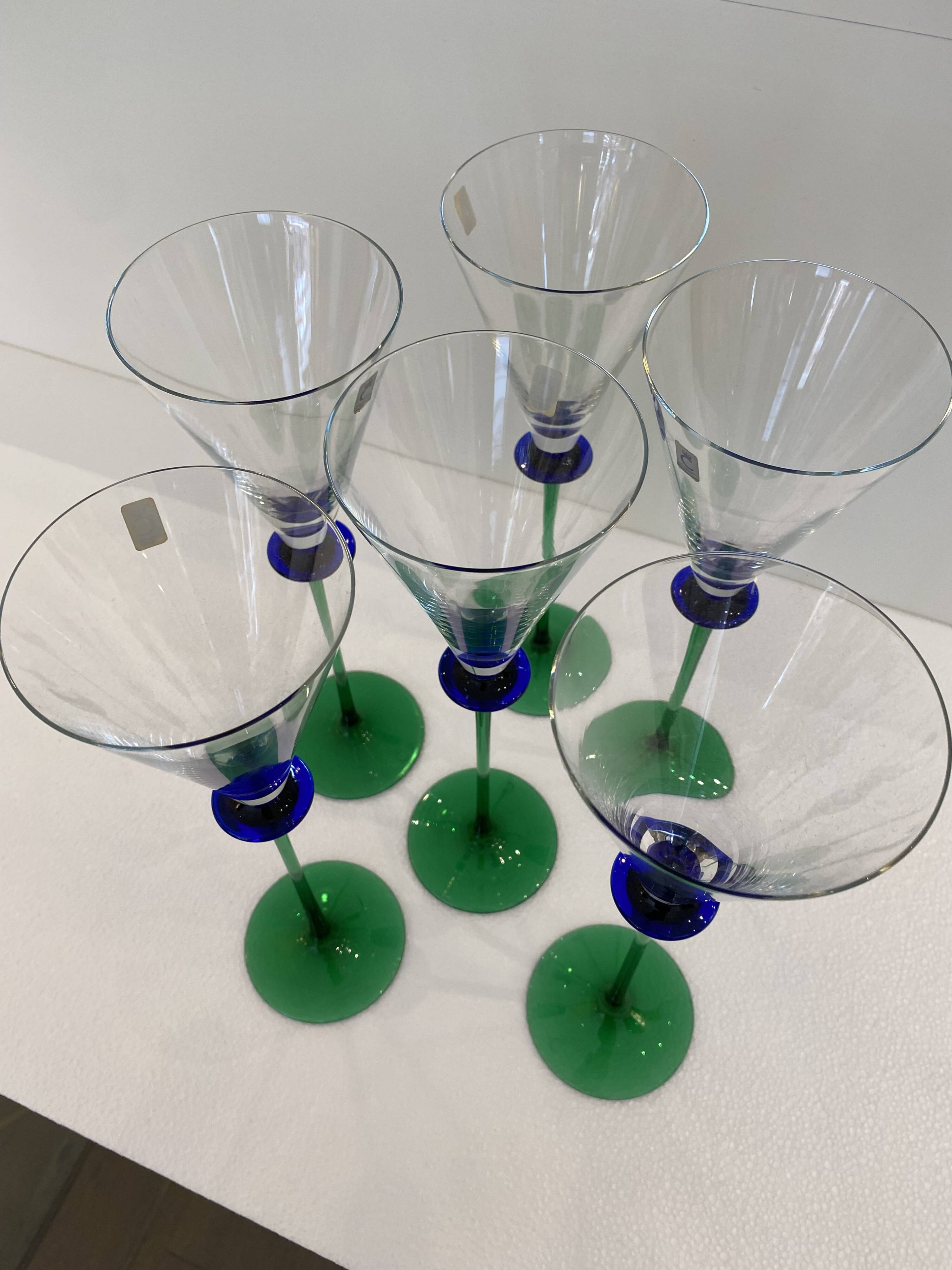 A Set of 6 Hand-blown Emerald Green Cobalt Blue Stem Champagne Flutes Art