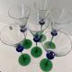 A Set of 6 Hand-blown Emerald Green Cobalt Blue Stem Champagne Flutes Art
