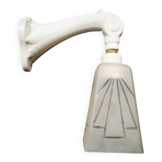 Applique ancienne porcelaine blanche art déco salle de bain 1920 tulipe verre gravé