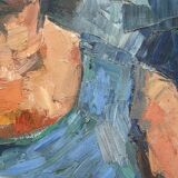 Painting on canvas, woman portrait wearing a blue dress 1940