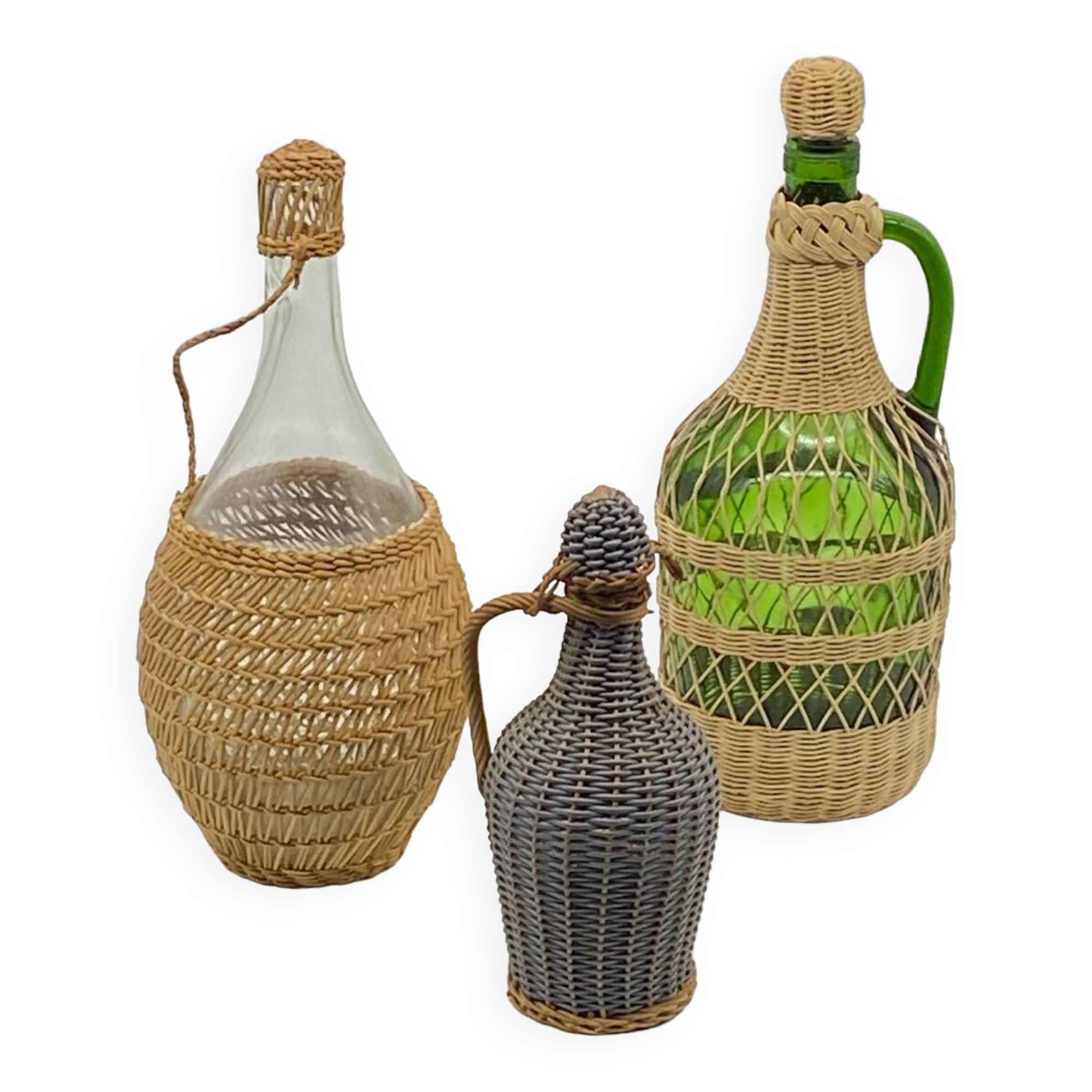 Trio bottles / lady Jeanne, dressed in wicker, rattan, natural fibers