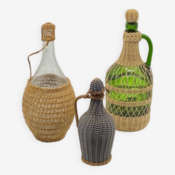 Trio bouteilles / dame Jeanne , habillées osier, rotin, fibres naturelles