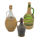 Trio bottles / lady Jeanne, dressed in wicker, rattan, natural fibers