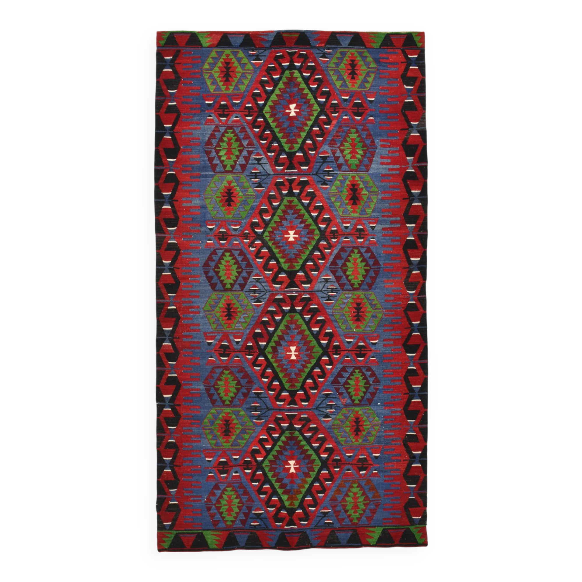 Geometric Blue & Green Vintage Kilim Rug, 154x305Cm