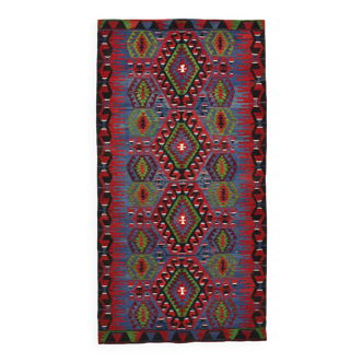 Geometric Blue & Green Vintage Kilim Rug, 154x305Cm
