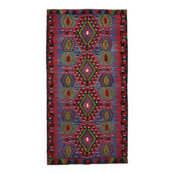 Geometric Blue & Green Vintage Kilim Rug, 154x305Cm