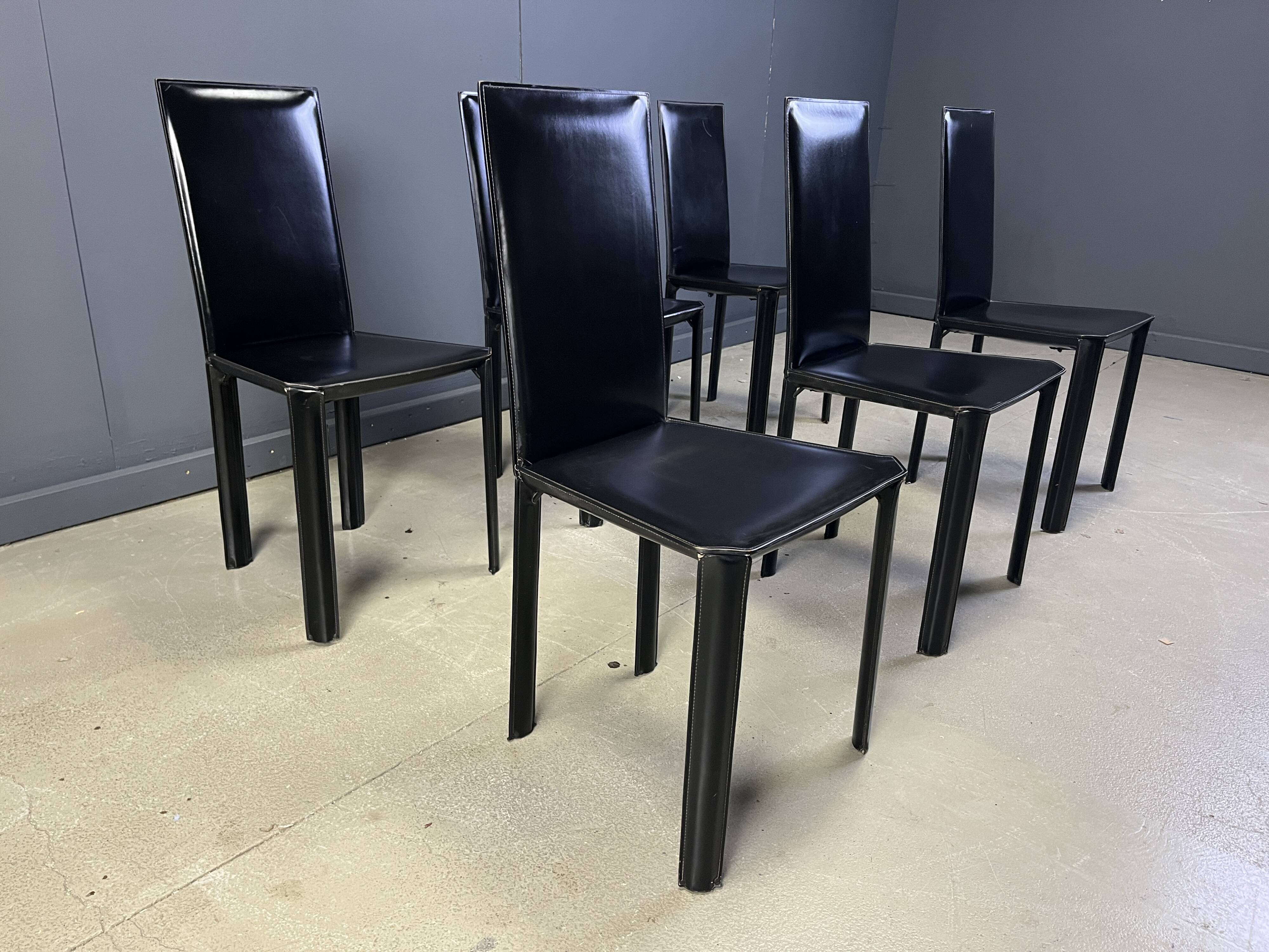 Chaises de salle à manger en cuir noir par De Couro Brazil, années 1980 - lot de 6
