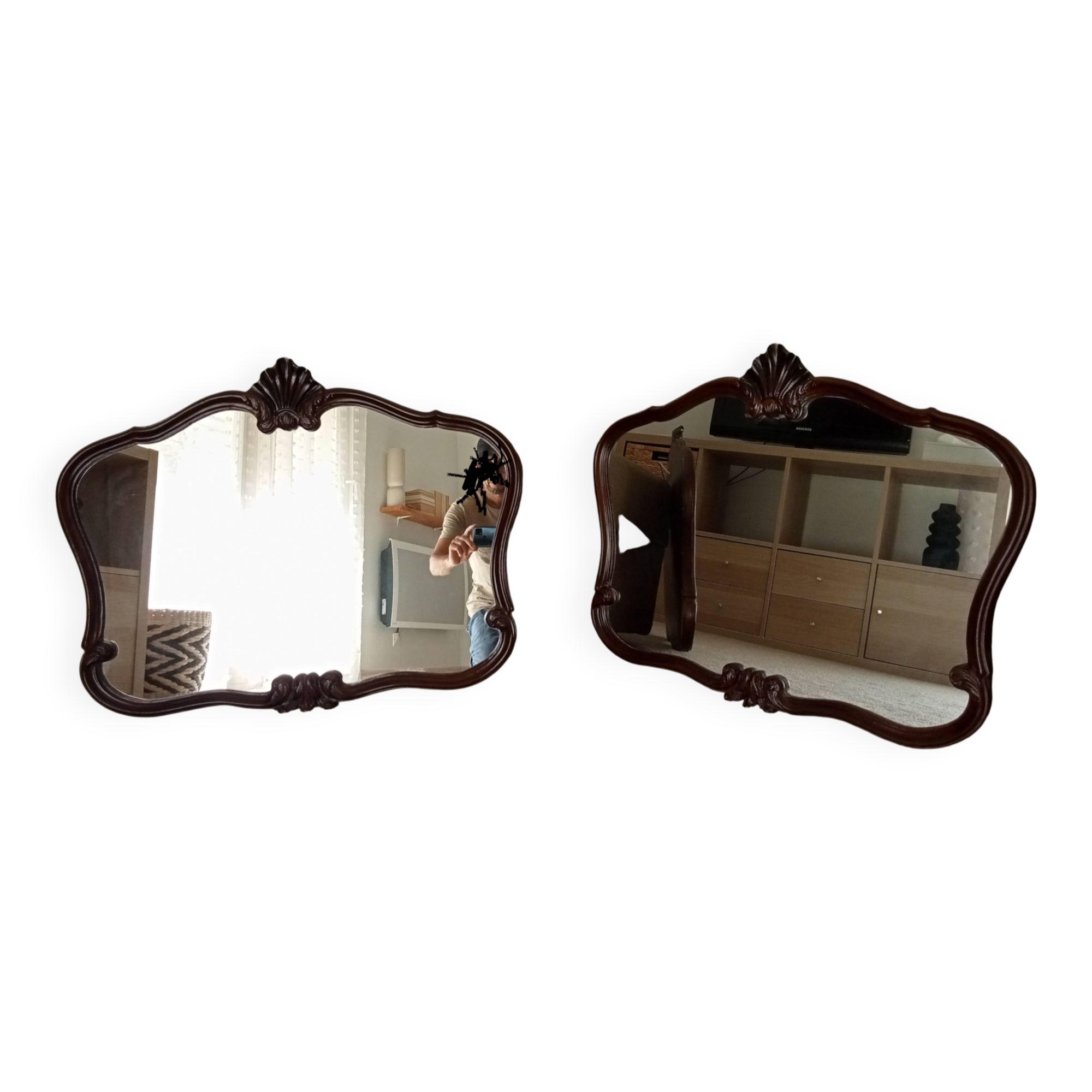 Pair of large antique Rococo style Louis XV mirrors in carved solid wood.
