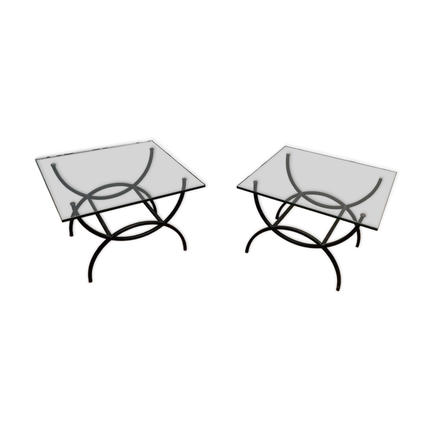 Pair of Black Lacquered Wrought Iron and Glass Side Tables, French Work