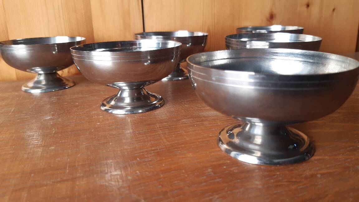 6 vintage stainless steel ice cream cups, France
