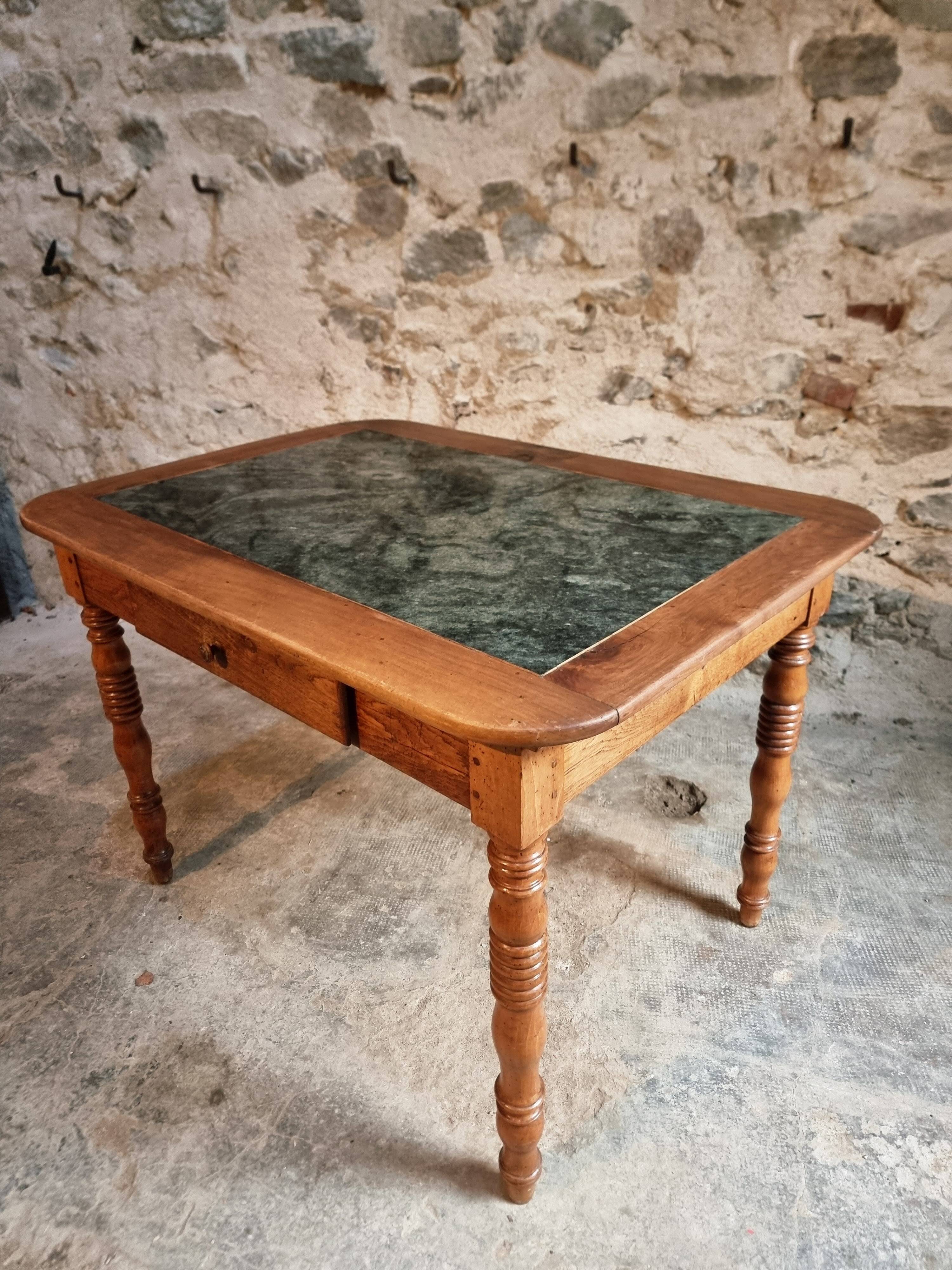 French vintage dining/desk table – oak and walnut – marble top – 1960s writing table with drawer