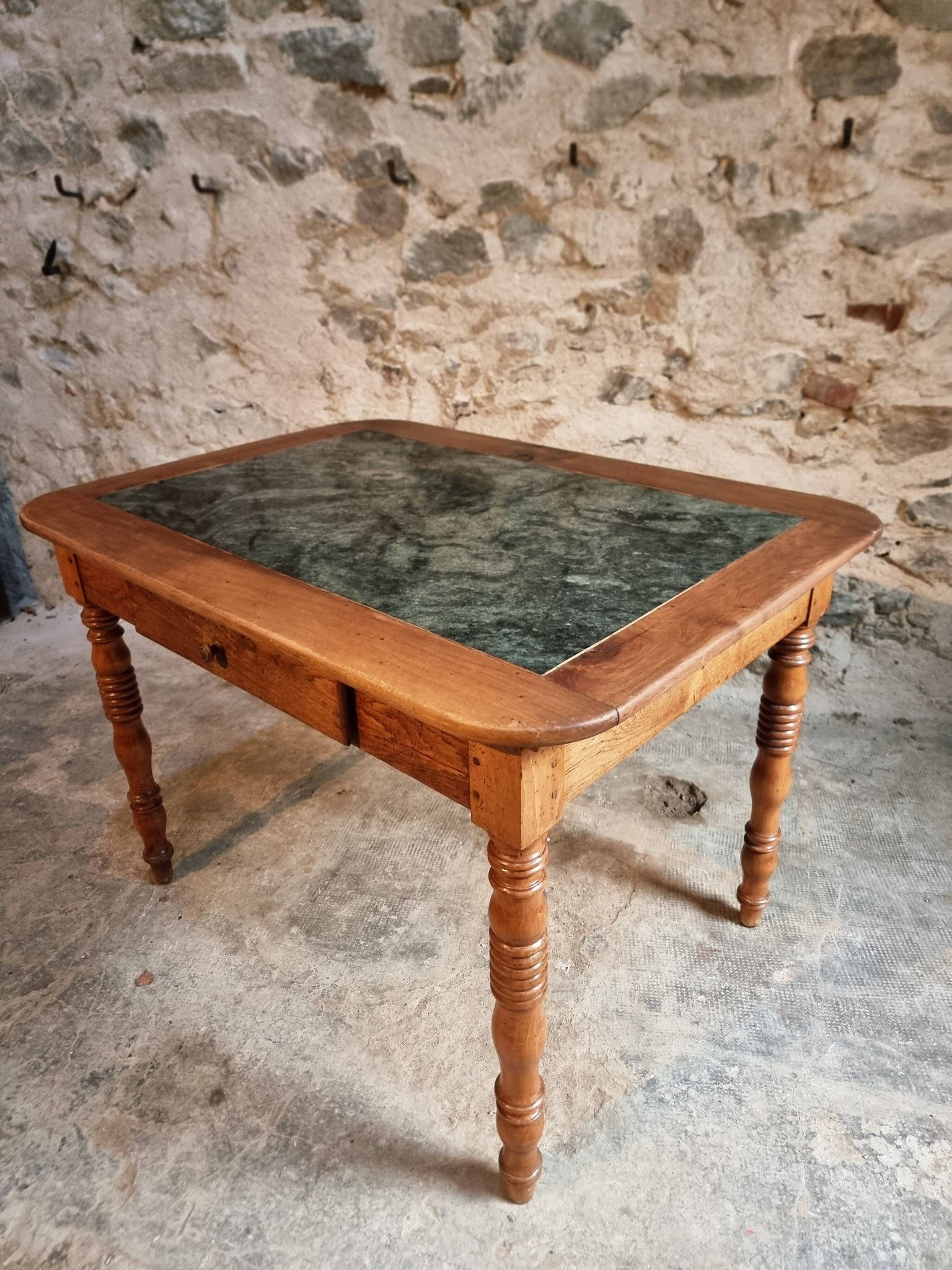 French vintage dining/desk table – oak and walnut – marble top – 1960s writing table with drawer