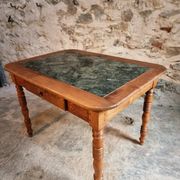 French vintage dining/desk table – oak and walnut – marble top – 1960s writing table with drawer