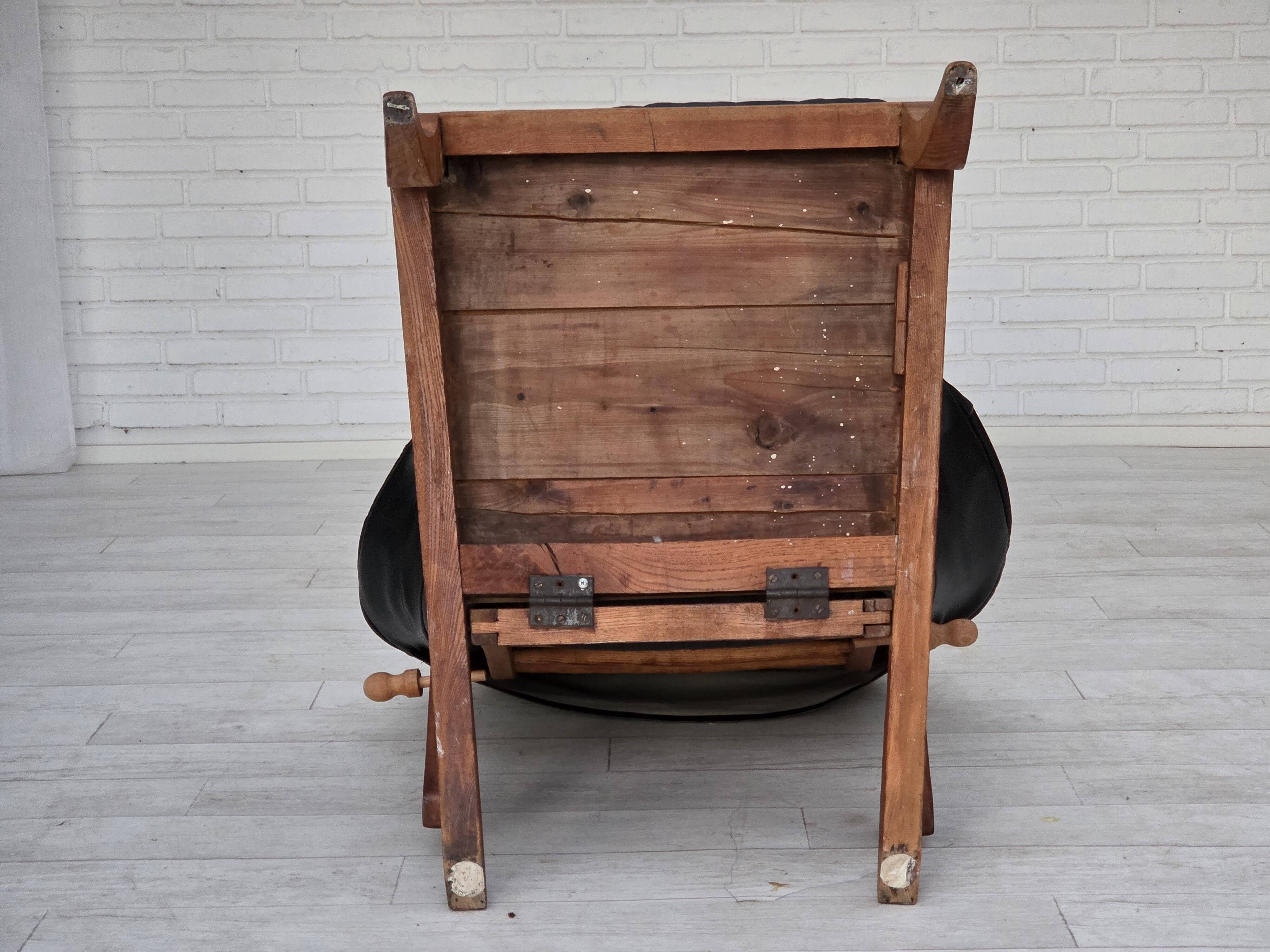 1950s, vintage adjustable armchair, black leather, ash wood.