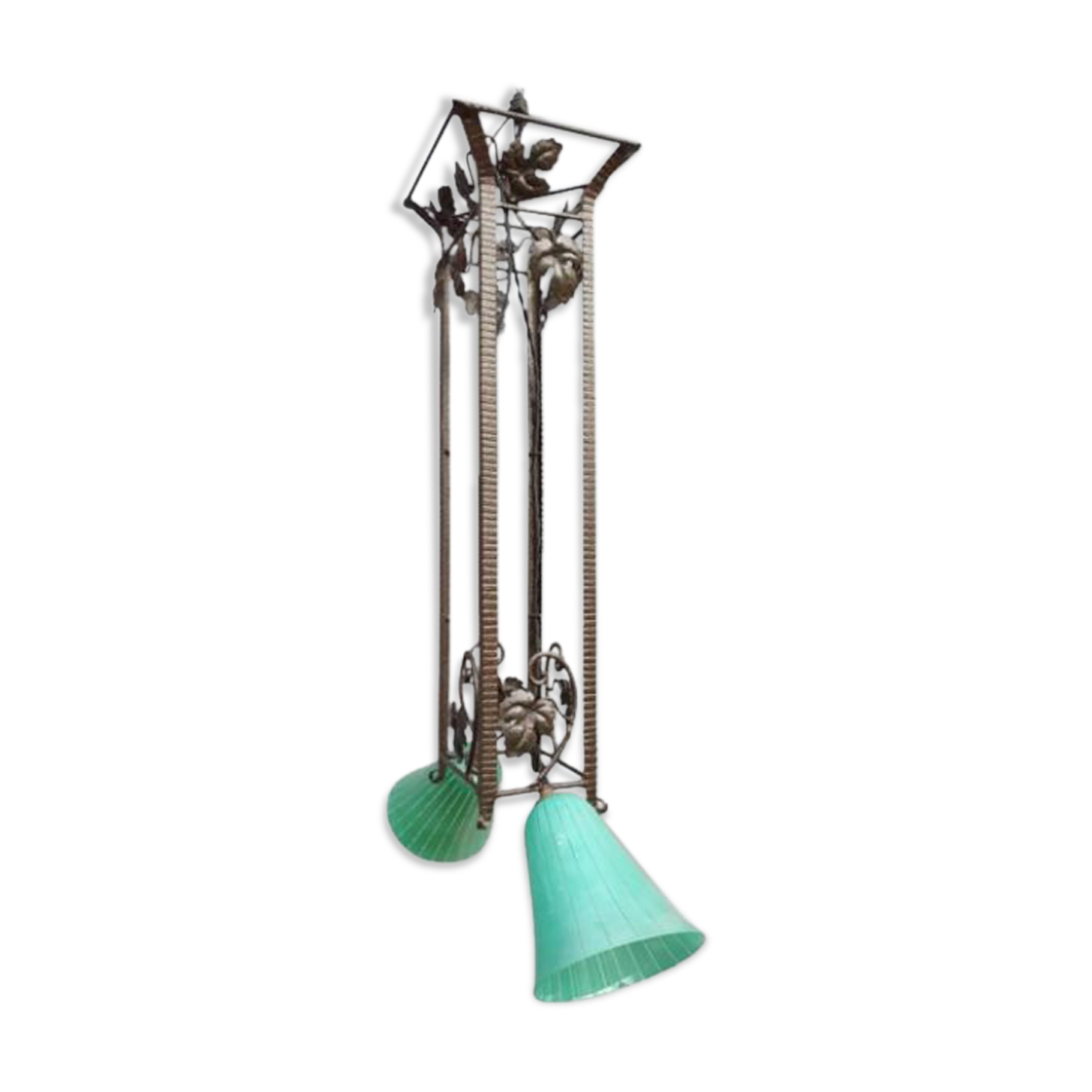 Art Deco chandelier 1930 in leafy wrought iron with 2 green tulip lights