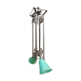 Art Deco chandelier 1930 in leafy wrought iron with 2 green tulip lights