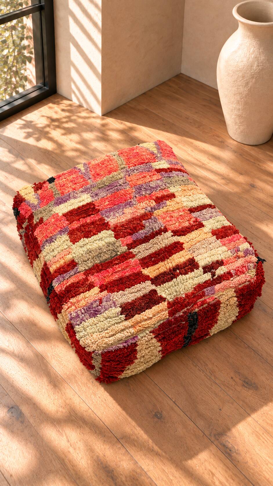 Vintage Moroccan pouf in multicoloured handmade wool.