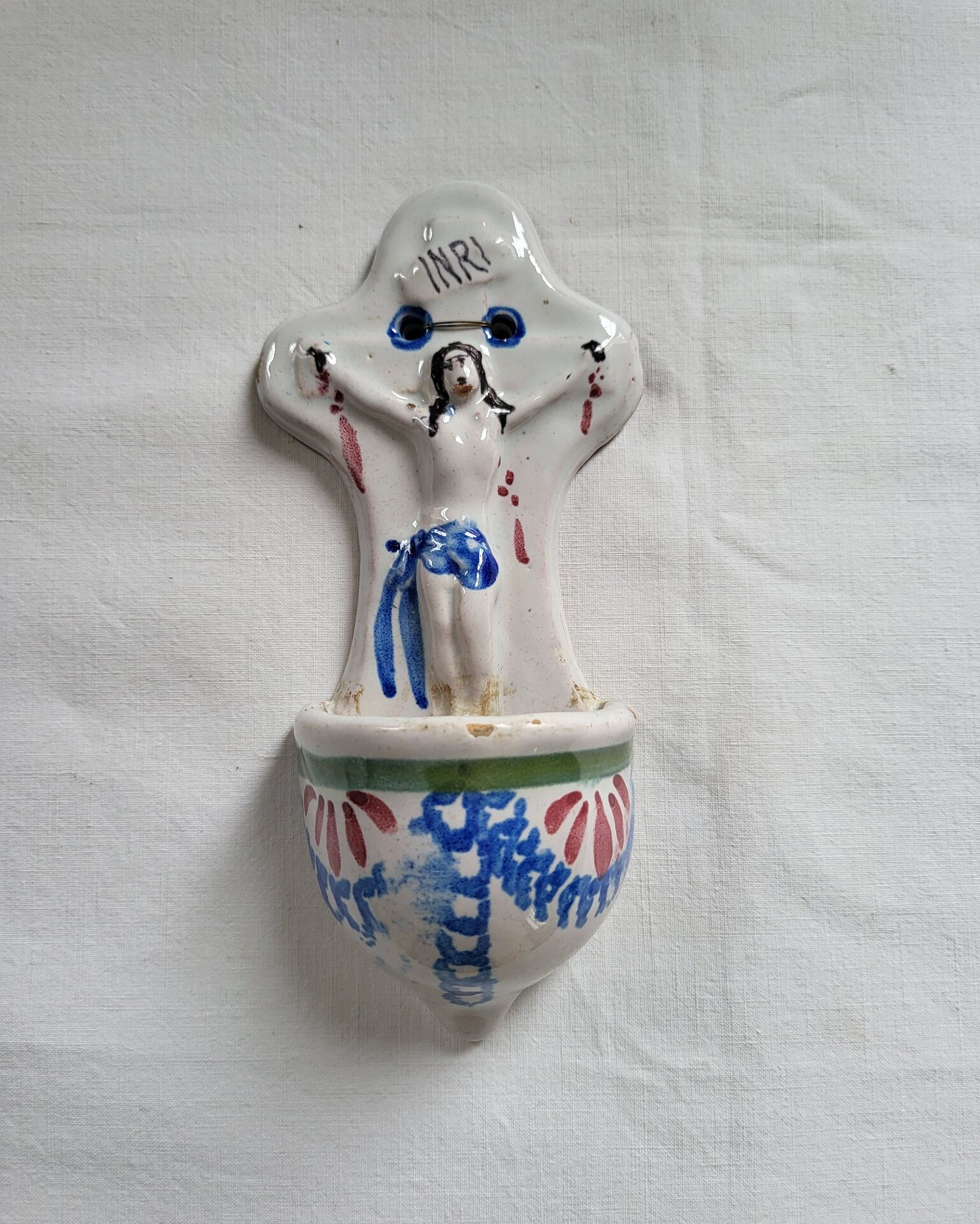 Ancient Faience Baptismal Font Enamelled Cross INRI