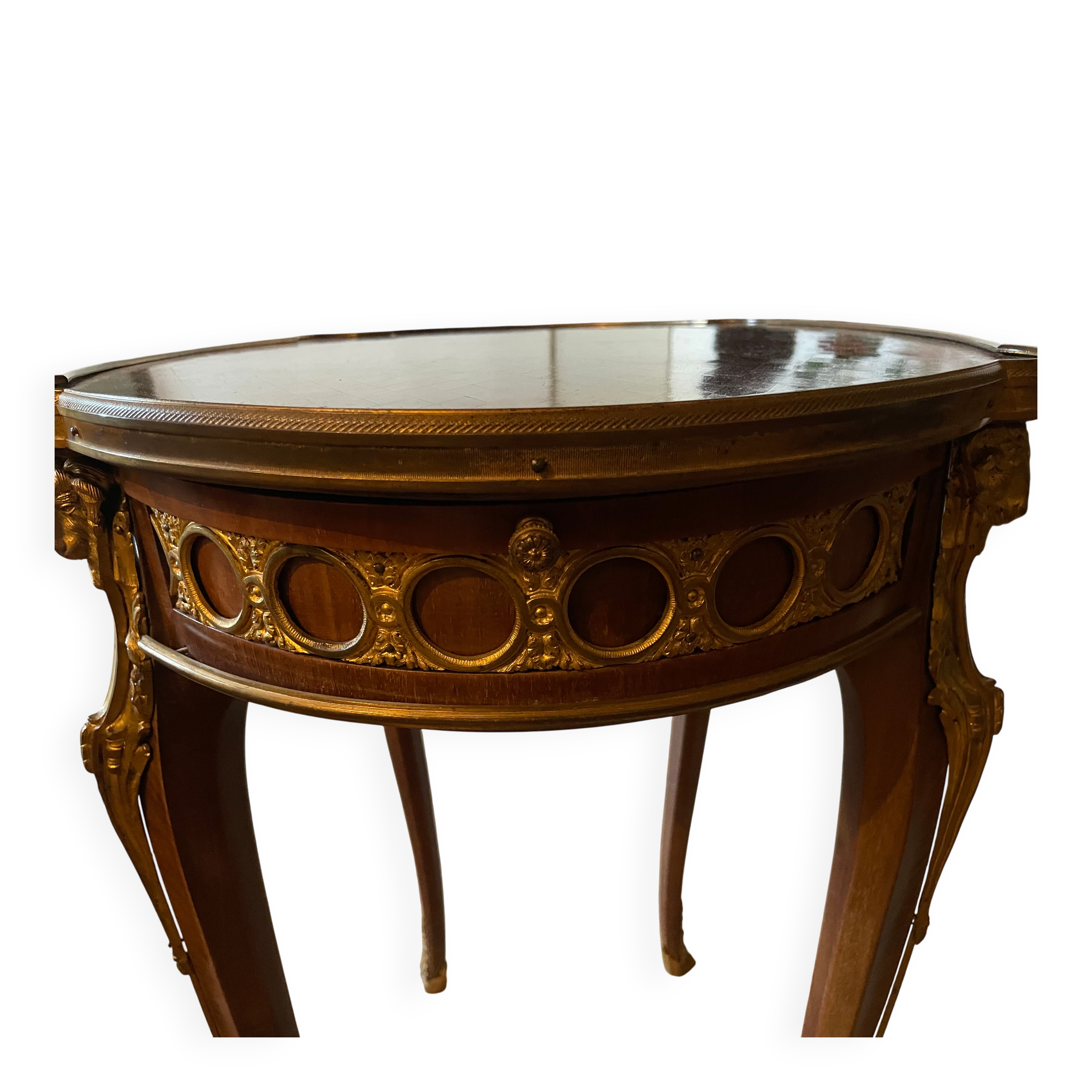 Living room table in Louis XV-Louis XVI transitional style with marquetry and bronze.