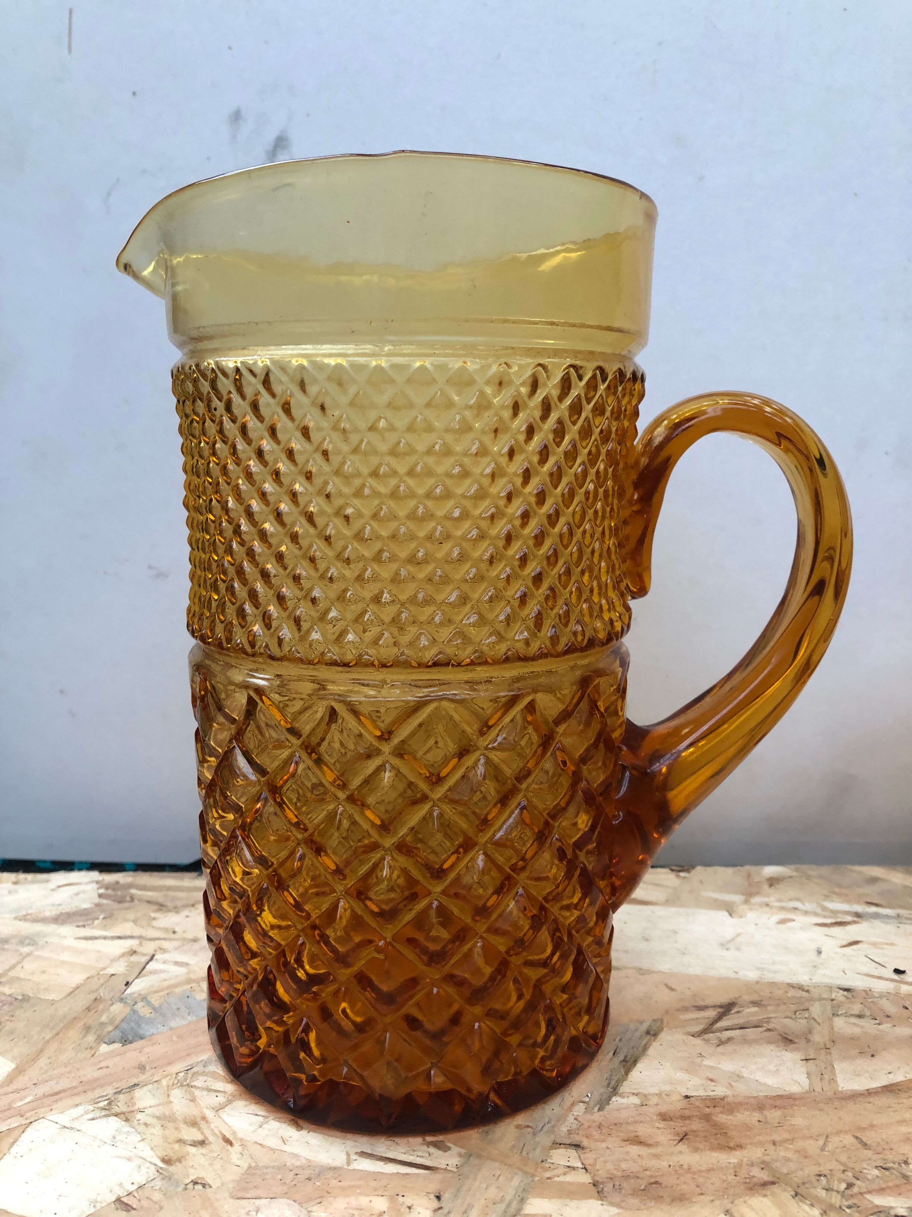 Old Juice Carafe Service + 6 Vintage Geometric Orange Molded Glass Glasses