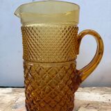 Service Ancien Jus Carafe + 6 Verres Verre Moulé Orange Géométrique Vintage