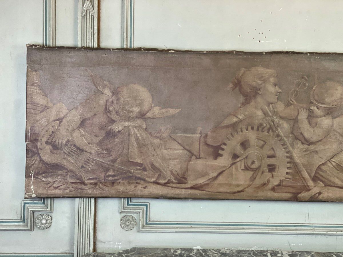 Allegory, oil on canvas, trompe-l'œil imitating sanguine, 19th century.