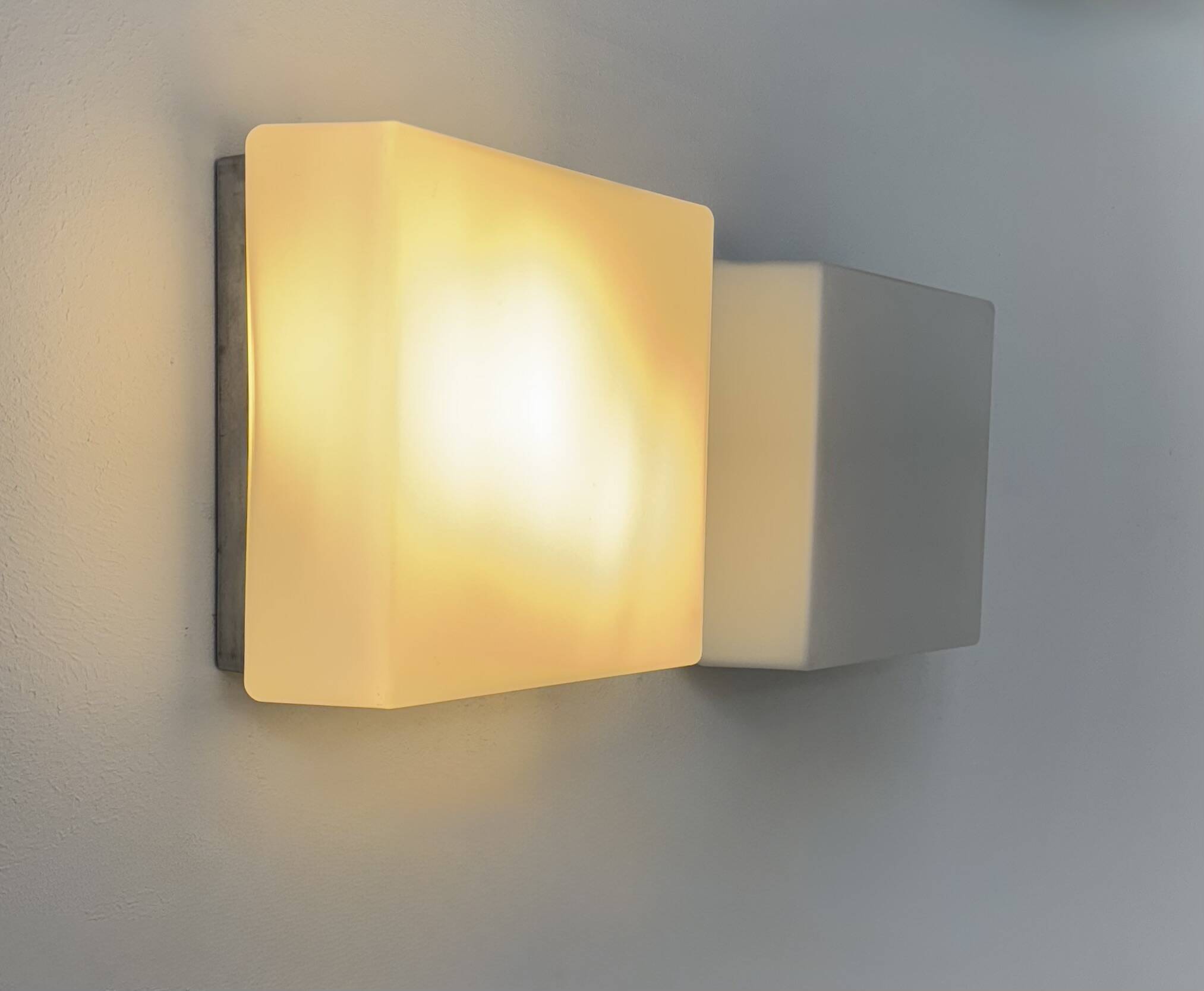 Pair of vintage wall lights, brushed metal and opaline glass, France, 1970