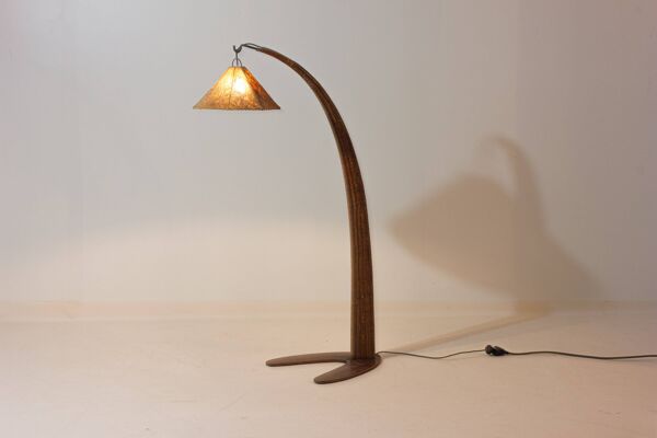 Lampadaire arqué en bois de rotin, style italien, années 1970