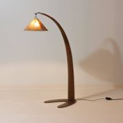 Italian wood arc floor lamp in rattan, 1970s