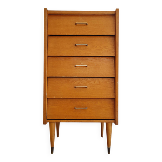 Chiffonnier, commode 5 tiroirs, pieds fuselés, années 60