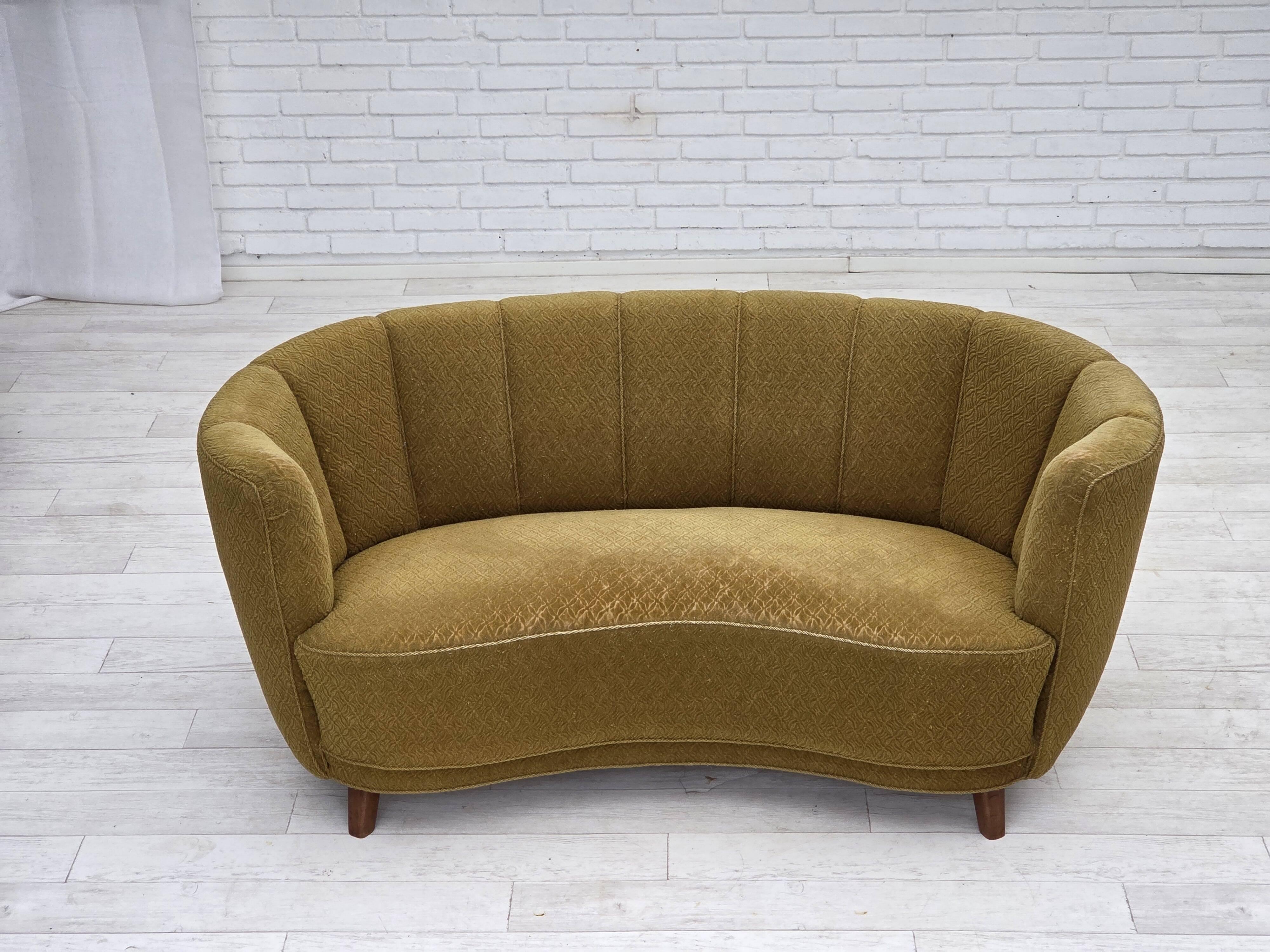 1960s, Danish 2-seater "Banan" sofa, green furniture wool, ash wood.