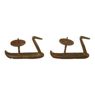 Paire bougeoirs en bronze laiton cygne design minimaliste antique métal doré candélabres chandeliers