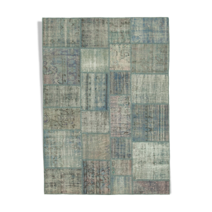 Tapis noué à la main turc vintage 175 cm x 244 cm patchwork bleu