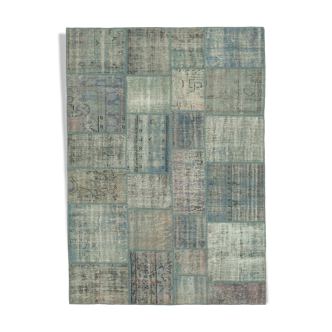 Hand-knotted turkish vintage 175 cm x 244 cm blue patchwork carpet